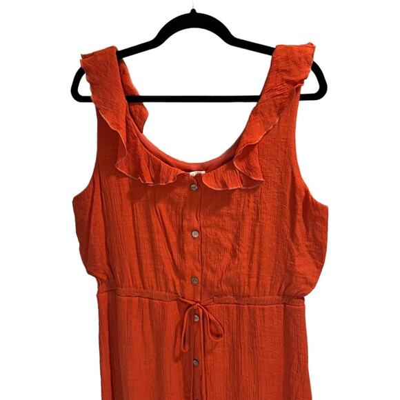 Luxology Size L Sleeveless Asymmetrical Hem Dress Orange Buttons Elastic Waist - Picture 2 of 15